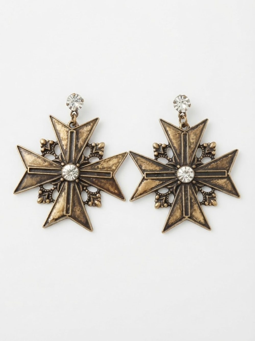 Antique Gold Star Cross Drop Earrings with Crystal Accent